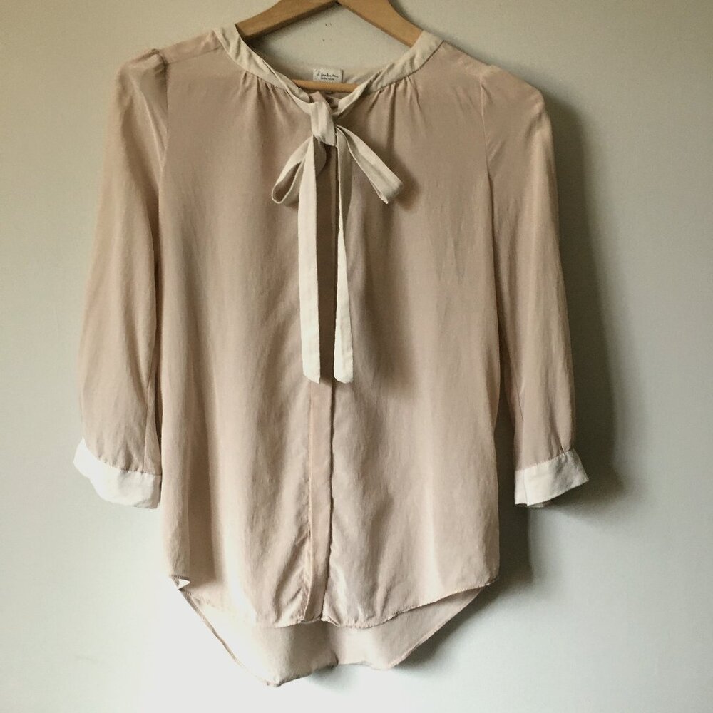 Babaton Aritzia XS 100% Silk Tie Neck Bow Blouse Sheer Two Tone Office Sir